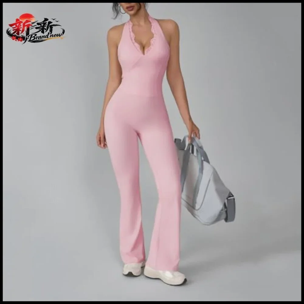 Nylon Spandex Workout Jumpsuit with Halter Neck and Backless Design